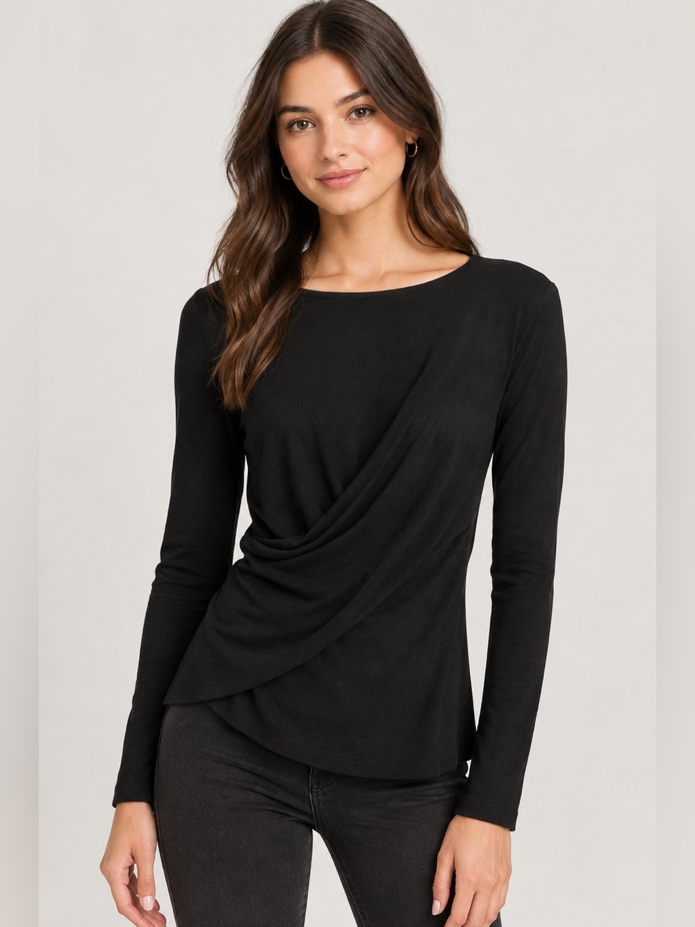 Theory - Black Draped Long-Sleeve Top with Soft Twist Detail, Cotton, Size Med